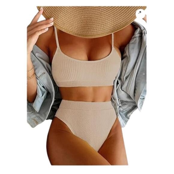 Lilosy High-Waisted Ribbed Bikini Set Cream White M - Picture 5 of 5